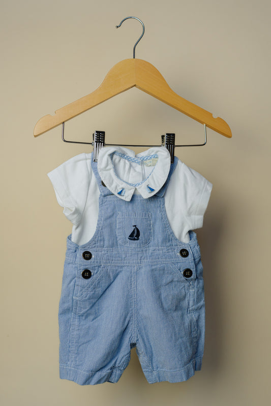 JoJo Maman Bébé Blue Striped Sailor Dungarees Set, 0-3 Months