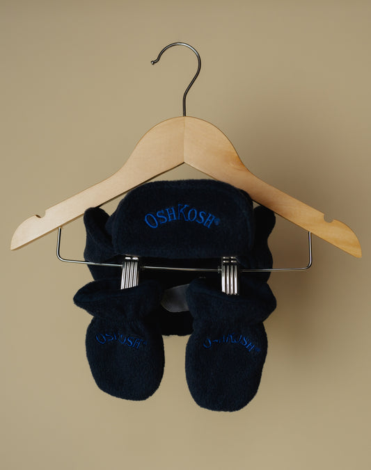 Osh Kosh Navy Blue Trapper Hat and Mittens Set, Size Medium 0-12 Months