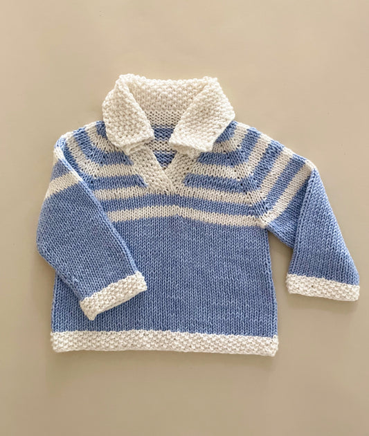 Hand Knitted Blue & White Jumper, Approx 3-6 Months